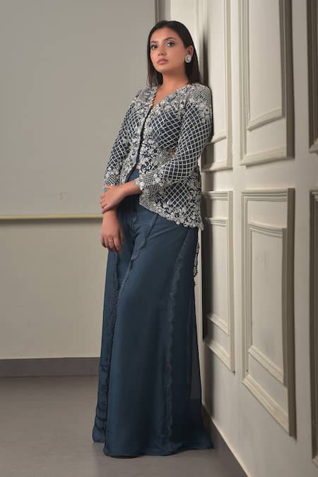 Sunita Bhandari_Blue Viscose Beads, Crystals, Cut Work, Embroidery Peplum Kurta And Sharara Set _Online_at_Aza_Fashions
