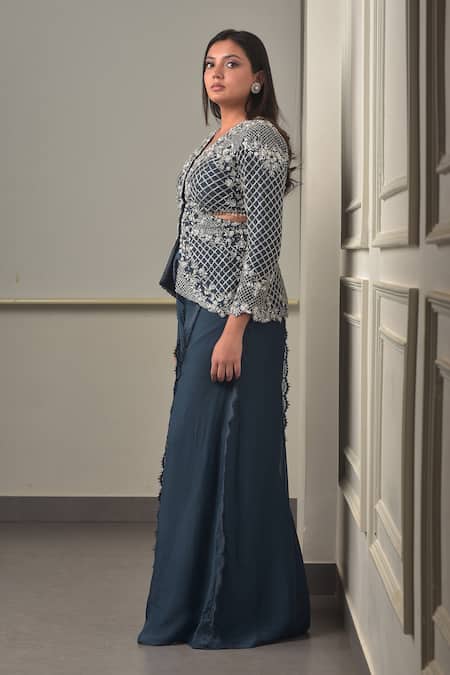 Shop_Sunita Bhandari_Blue Viscose Beads, Crystals, Cut Work, Embroidery Peplum Kurta And Sharara Set _Online_at_Aza_Fashions
