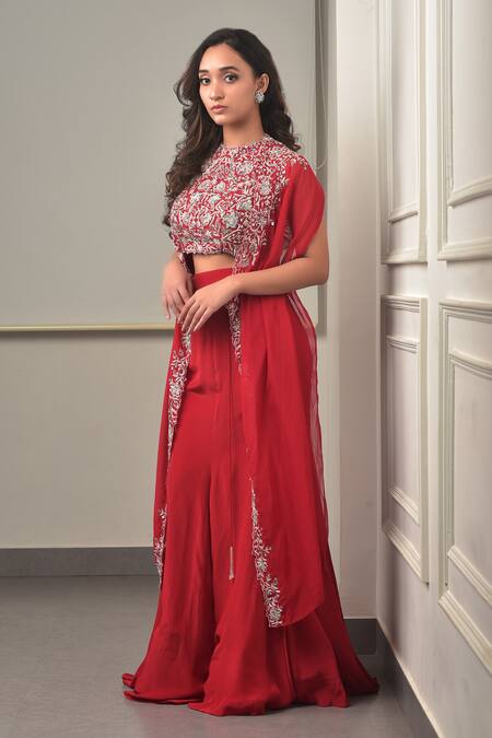 Sunita Bhandari_Red Organza, Viscose Sequins, Zari, Beads Round Neck Embroidered Lehenga Set _Online_at_Aza_Fashions