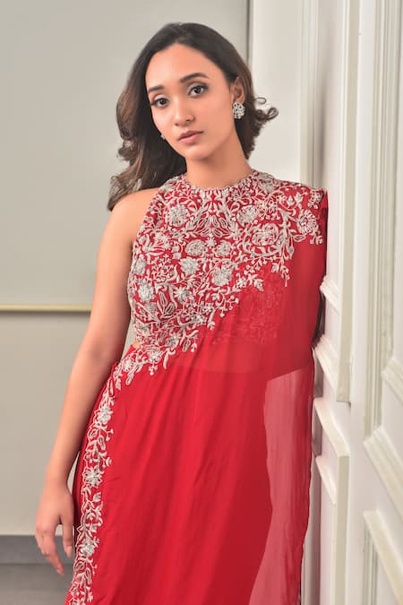 Shop_Sunita Bhandari_Red Organza, Viscose Sequins, Zari, Beads Round Neck Embroidered Lehenga Set _Online_at_Aza_Fashions