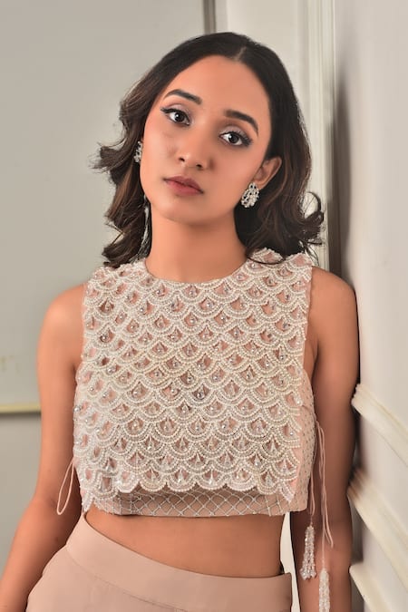 Buy_Sunita Bhandari_Pink Viscose, Organza Sequins, Embroidery Round Checkered Blouse And Sharara Set _Online_at_Aza_Fashions