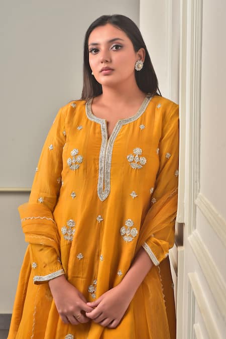 Shop_Sunita Bhandari_Gold Tulle, Viscose, Georgette Zari, Floral Embroidered Kalidar Kurta Set _Online_at_Aza_Fashions
