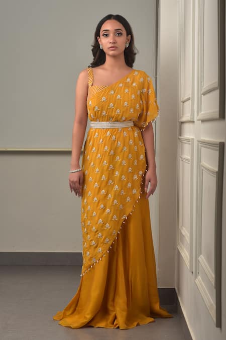 Shop_Sunita Bhandari_Yellow Viscose, Organza Sequins, Beads, Zari Floral Embroidered Cape Sharara Set _Online_at_Aza_Fashions