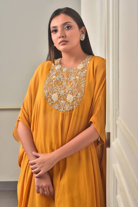 Buy_Sunita Bhandari_Yellow Organza, Viscose Sequins, Beads, Zari, Yoke Kaftan And Sharara Set _Online_at_Aza_Fashions