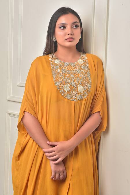 Shop_Sunita Bhandari_Yellow Organza, Viscose Sequins, Beads, Zari, Yoke Kaftan And Sharara Set _Online_at_Aza_Fashions