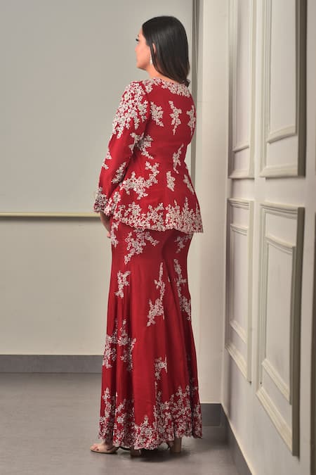 Sunita Bhandari Zardozi Embroidered Red Peplum Top & Sharara 