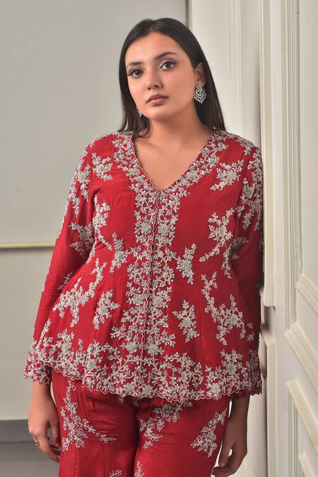 Buy_Sunita Bhandari_Red Chanderi, Cotton Sequins, Beads, Zardozi Embroidered Peplum Top And Sharara _Online_at_Aza_Fashions