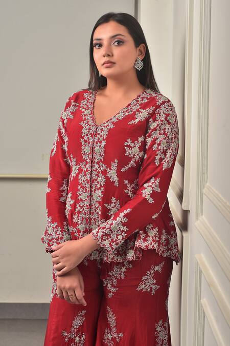 Shop_Sunita Bhandari_Red Chanderi, Cotton Sequins, Beads, Zardozi Embroidered Peplum Top And Sharara _Online_at_Aza_Fashions