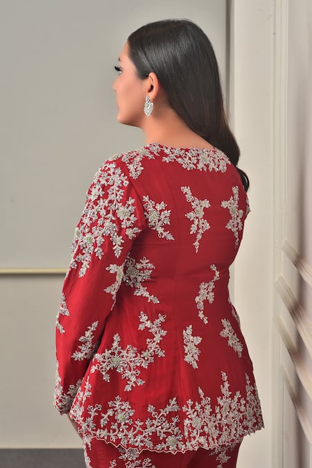 Sunita Bhandari_Red Chanderi, Cotton Sequins, Beads, Zardozi Embroidered Peplum Top And Sharara _at_Aza_Fashions