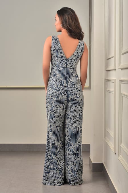 Sunita Bhandari Floral Embroidered V Neck Jumpsuit 