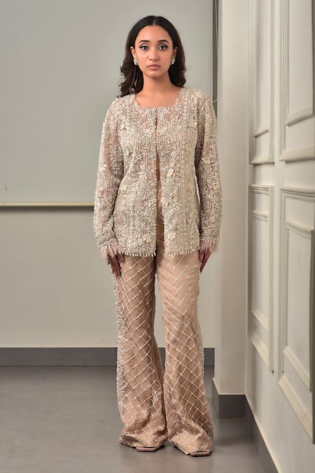 Sunita Bhandari_Pink Tulle, Organza Zari, Beads, Embroidery Round Neck Jacket Pant Set _Online_at_Aza_Fashions