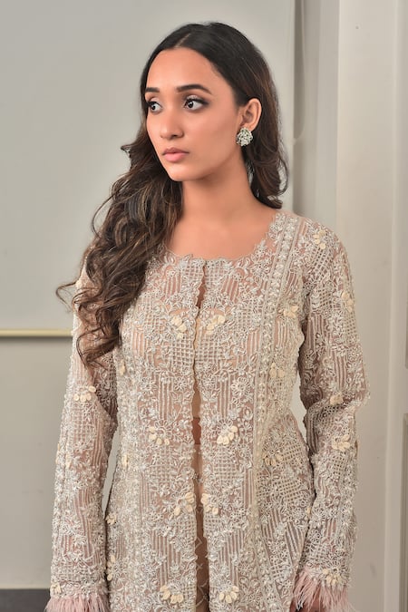 Sunita Bhandari_Pink Tulle, Organza Zari, Beads, Embroidery Round Neck Jacket Pant Set _at_Aza_Fashions