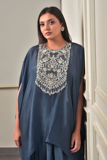 Sunita Bhandari_Blue Viscose, Organza Sequins, Tassels, Embroidery Round Kaftan And Dhoti Pant Set _Online_at_Aza_Fashions