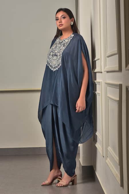 Buy_Sunita Bhandari_Blue Viscose, Organza Sequins, Tassels, Embroidery Round Kaftan And Dhoti Pant Set _Online_at_Aza_Fashions