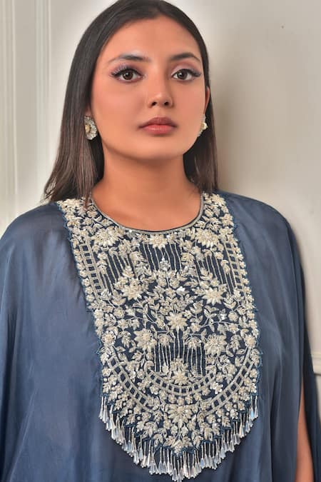 Shop_Sunita Bhandari_Blue Viscose, Organza Sequins, Tassels, Embroidery Round Kaftan And Dhoti Pant Set _Online_at_Aza_Fashions