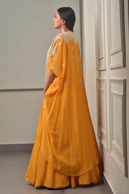 Sunita Bhandari Floral Embroidered Cape Lehenga Set 