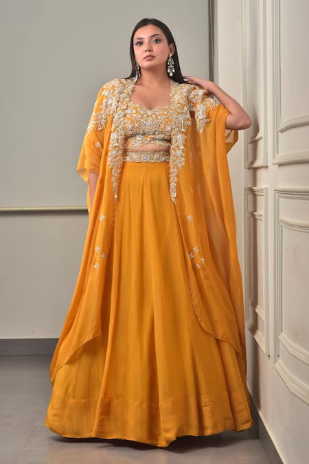 Sunita Bhandari_Gold Viscose, Organza Sequins, Zari, Beads Floral Embroidered Cape Lehenga Set _Online_at_Aza_Fashions