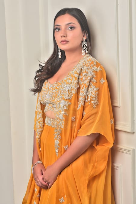 Buy_Sunita Bhandari_Gold Viscose, Organza Sequins, Zari, Beads Floral Embroidered Cape Lehenga Set _Online_at_Aza_Fashions