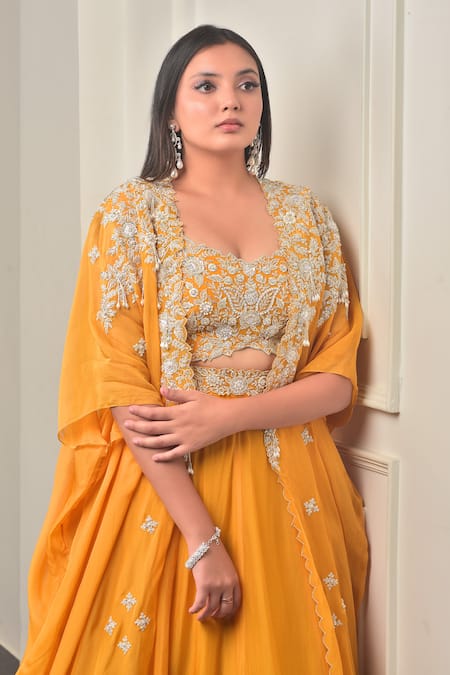 Shop_Sunita Bhandari_Gold Viscose, Organza Sequins, Zari, Beads Floral Embroidered Cape Lehenga Set _Online_at_Aza_Fashions