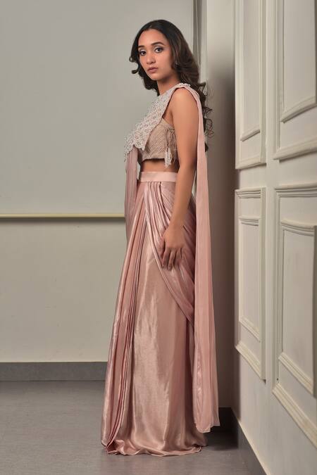 Sunita Bhandari Pink Organza, Viscose Sequins, Embroidery Round Neck Baby Pre-draped Saree Set Online at Aza Fashions Sunita Bhandari_Pink Organza, Viscose Sequins, Embroidery Round Neck Baby Pre-draped Saree Set _Online_at_Aza_Fashions