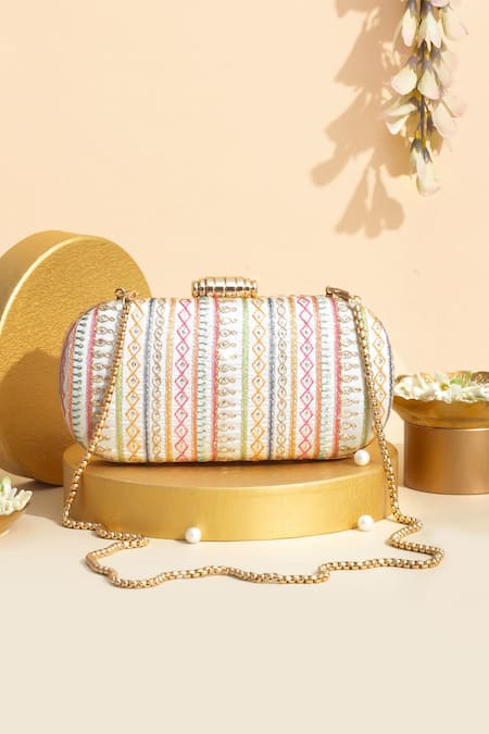 Shop Amyra Off White Embroidery Woven Capsule Clutch at Aza Fashions Shop_Amyra_Off White Embroidery Woven Capsule Clutch _at_Aza_Fashions