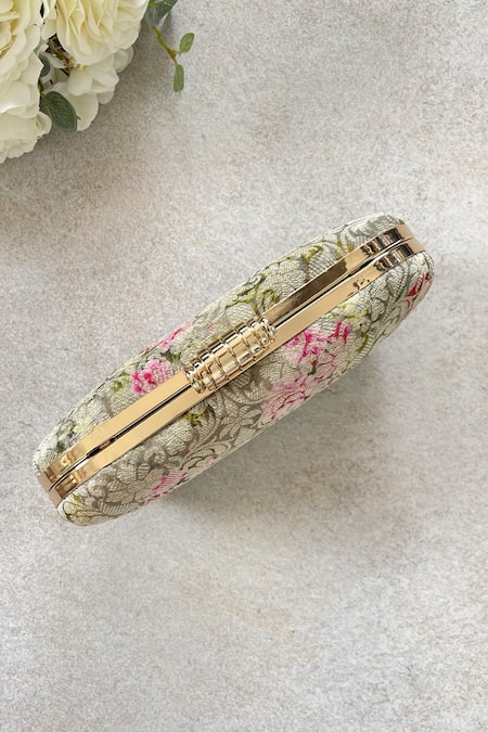 Shop Amyra Gray Embroidery, Pearls Floral Print Grey Capsule Clutch at Aza Fashions Shop_Amyra_Gray Embroidery, Pearls Floral Print Grey Capsule Clutch _at_Aza_Fashions