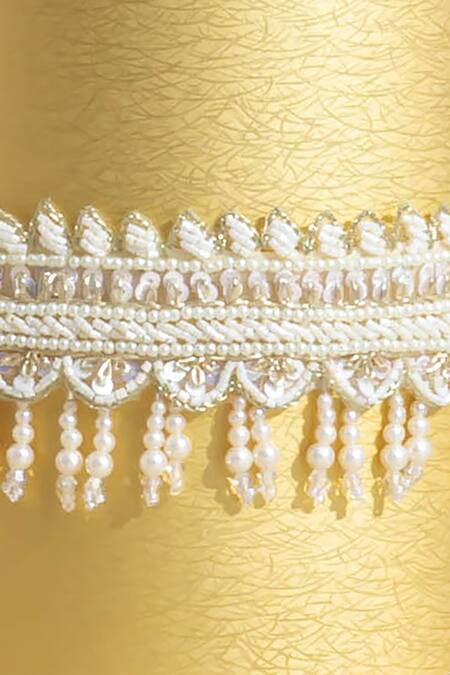 Amyra Off White Pearls Chikankari Embroidered Tasseled Belt Online at Aza Fashions Amyra_Off White Pearls Chikankari Embroidered Tasseled Belt_Online_at_Aza_Fashions