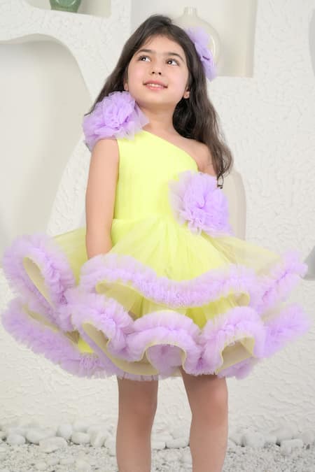Miakki_Yellow Net, Satin Fabric Flowers Purple One-shoulder Frilled Dress _Online_at_Aza_Fashions