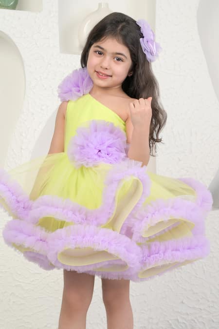 Buy_Miakki_Yellow Net, Satin Fabric Flowers Purple One-shoulder Frilled Dress _Online_at_Aza_Fashions