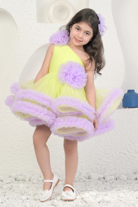 Shop_Miakki_Yellow Net, Satin Fabric Flowers Purple One-shoulder Frilled Dress _Online_at_Aza_Fashions