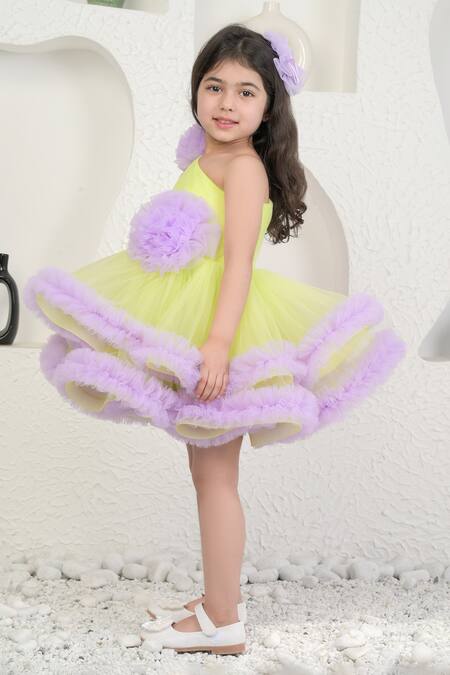 Miakki_Yellow Net, Satin Fabric Flowers Purple One-shoulder Frilled Dress _at_Aza_Fashions