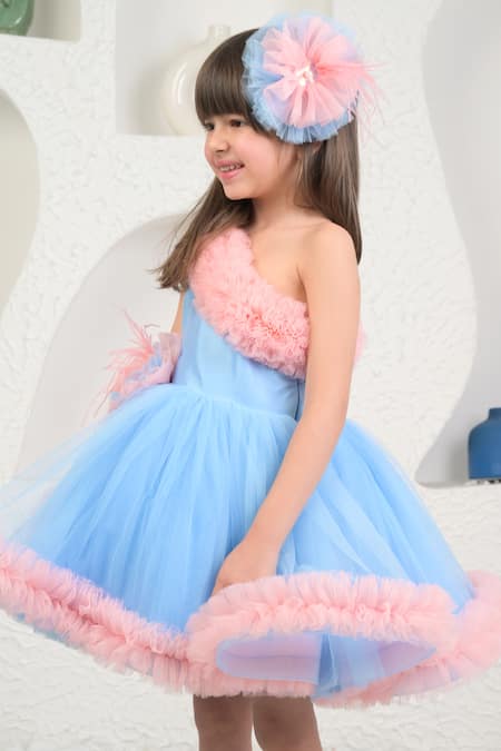 Miakki_Blue Net, Satin Fabric Flowers One-shoulder 3d Dress _Online_at_Aza_Fashions