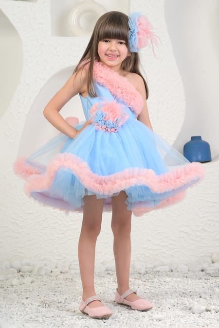 Shop_Miakki_Blue Net, Satin Fabric Flowers One-shoulder 3d Dress _Online_at_Aza_Fashions