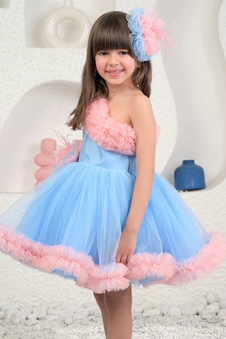 Miakki_Blue Net, Satin Fabric Flowers One-shoulder 3d Dress _at_Aza_Fashions