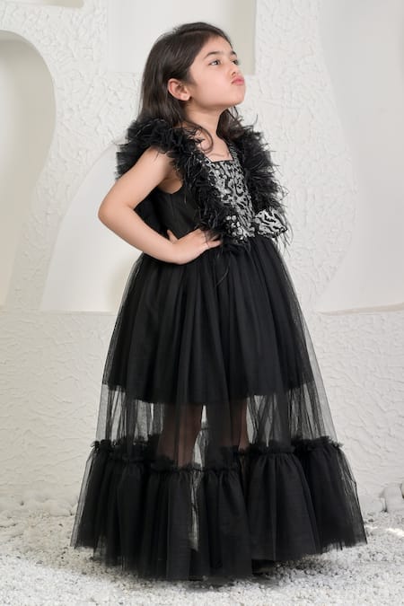 Buy_Miakki_Black Net, Satin, Linen Sequins, Feathers Frilled Gown _Online_at_Aza_Fashions