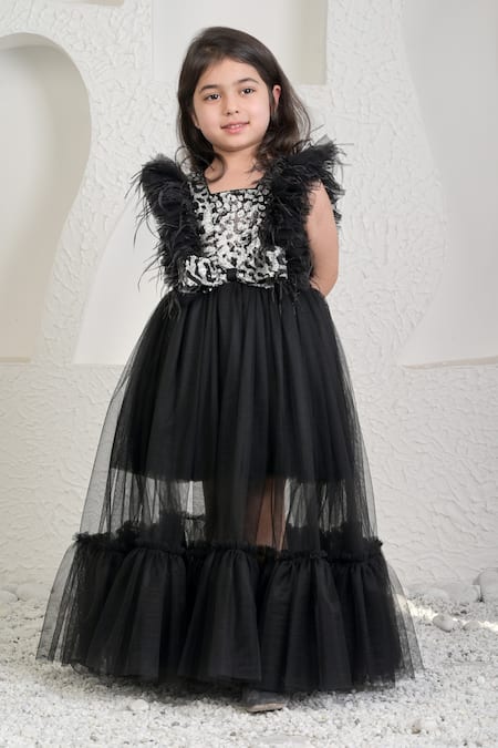Shop_Miakki_Black Net, Satin, Linen Sequins, Feathers Frilled Gown _Online_at_Aza_Fashions