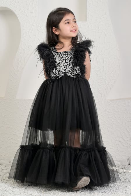 Miakki_Black Net, Satin, Linen Sequins, Feathers Frilled Gown _at_Aza_Fashions
