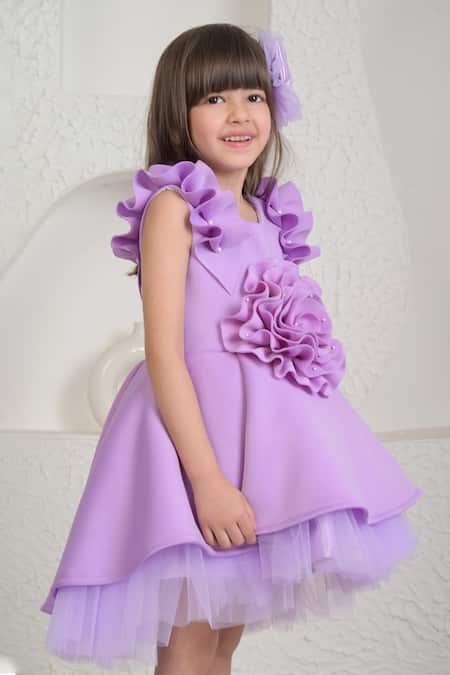 Miakki_Purple Net, Satin Fabric Flowers, Pearls 3d Embellished Layered Dress _Online_at_Aza_Fashions