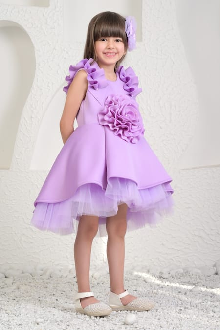 Shop_Miakki_Purple Net, Satin Fabric Flowers, Pearls 3d Embellished Layered Dress _Online_at_Aza_Fashions