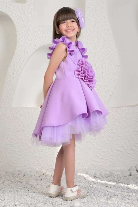 Miakki_Purple Net, Satin Fabric Flowers, Pearls 3d Embellished Layered Dress _at_Aza_Fashions