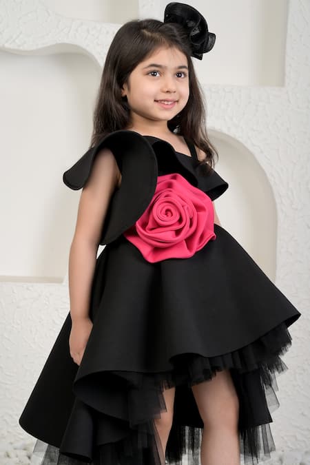 Miakki_Black Net, Satin, Linen 3d Flower Asymmetric One-shoulder Dress _Online_at_Aza_Fashions