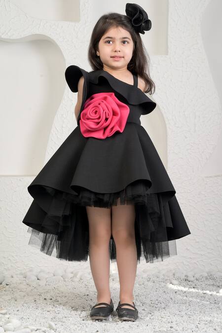 Buy_Miakki_Black Net, Satin, Linen 3d Flower Asymmetric One-shoulder Dress _Online_at_Aza_Fashions