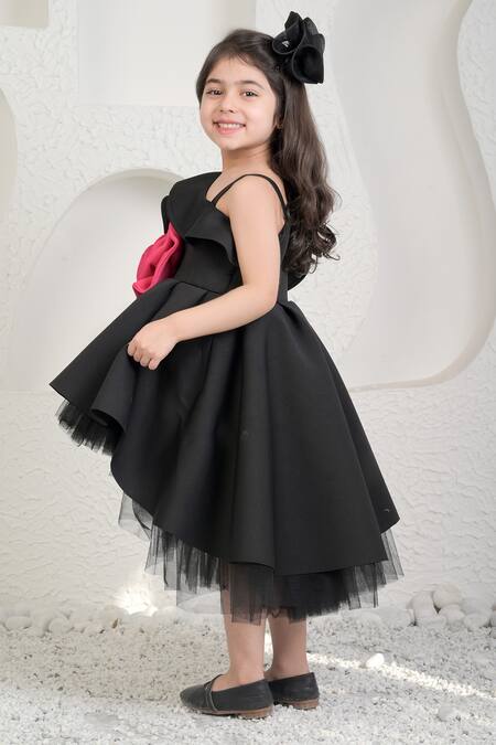 Shop_Miakki_Black Net, Satin, Linen 3d Flower Asymmetric One-shoulder Dress _Online_at_Aza_Fashions