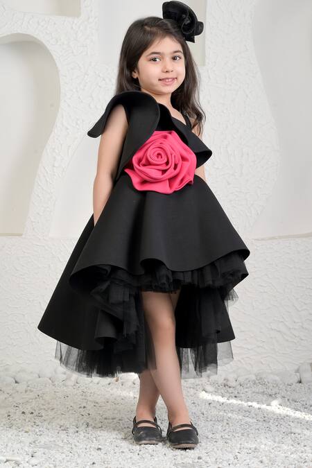 Miakki_Black Net, Satin, Linen 3d Flower Asymmetric One-shoulder Dress _at_Aza_Fashions