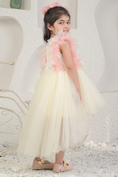 Miakki_White Net, Satin, Linen Sequins Embellished High Low Dress _Online_at_Aza_Fashions