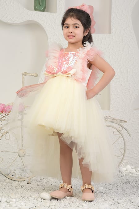 Miakki_White Net, Satin, Linen Sequins Embellished High Low Dress _at_Aza_Fashions