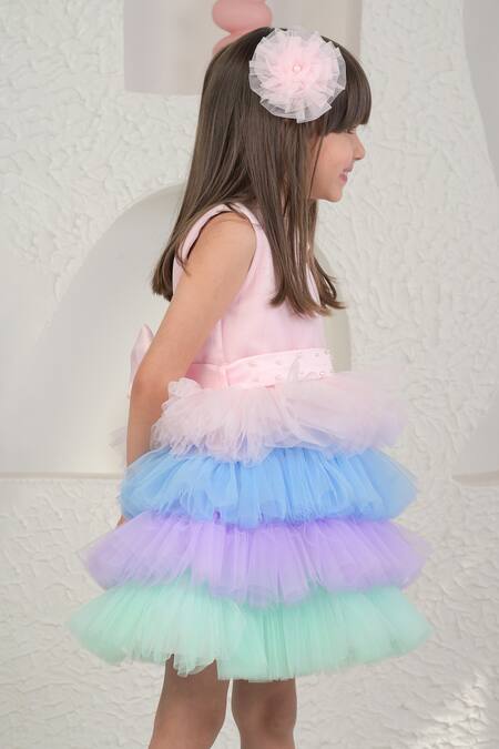 Miakki_Multi Color Net, Satin Sequins Frill Tiered Dress _Online_at_Aza_Fashions