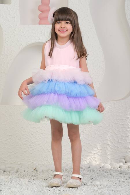 Shop_Miakki_Multi Color Net, Satin Sequins Frill Tiered Dress _Online_at_Aza_Fashions
