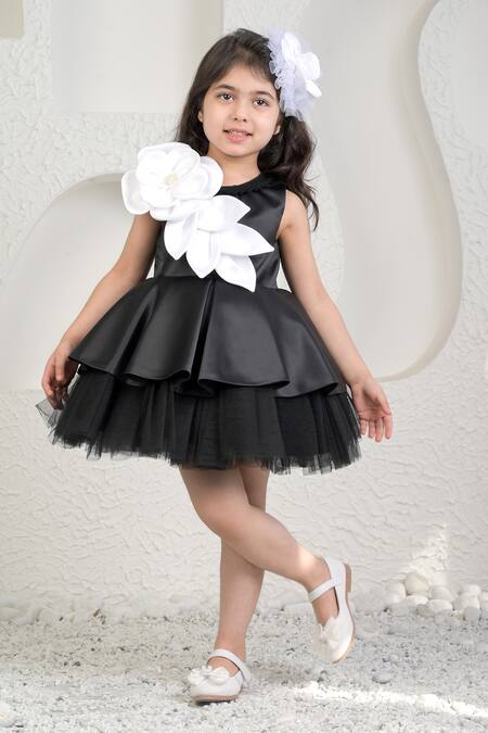 Miakki_Black Satin, Net 3d Floral Embellished Layered Dress _Online_at_Aza_Fashions