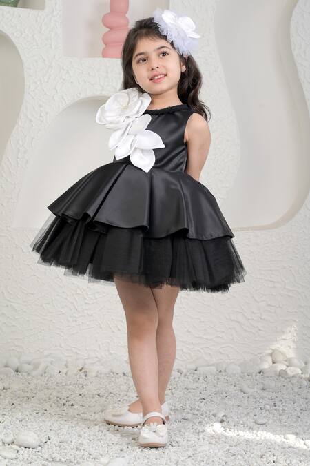 Buy_Miakki_Black Satin, Net 3d Floral Embellished Layered Dress _Online_at_Aza_Fashions